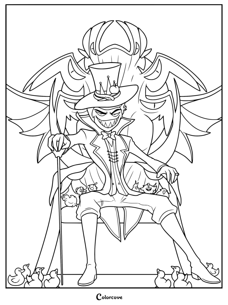 Lucifer Morningstar sitting on a throne surrounded by rubber ducks, Hazbin Hotel printable coloring page.