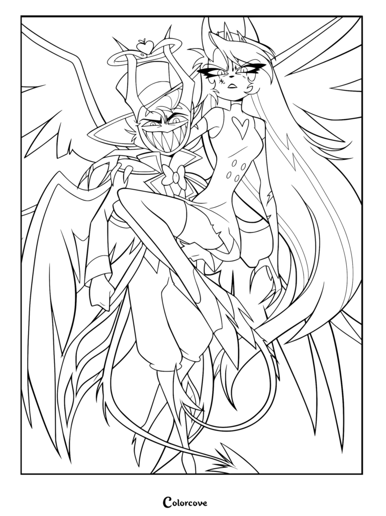 Lucifer Morningstar holding his daughter Charlie Morningstar in a Hazbin Hotel coloring page with detailed wings and character outfits.