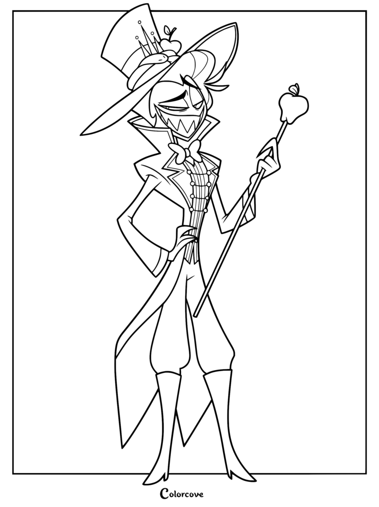 Lucifer Morningstar from Hazbin Hotel wearing a top hat with an apple emblem and holding an apple-topped cane in this printable coloring page.