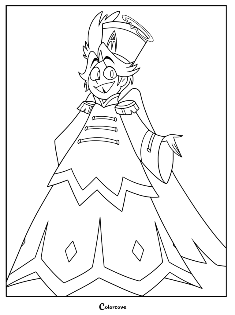 Abel from Hazbin Hotel wearing a military-style uniform with a halo and feathered hat in this printable coloring page.