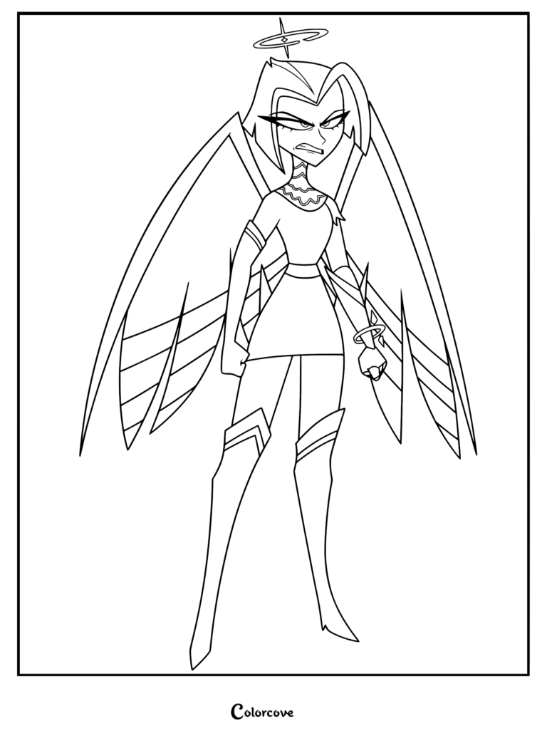 Lute from Hazbin Hotel standing with wings spread and a stern expression in this printable coloring page.
