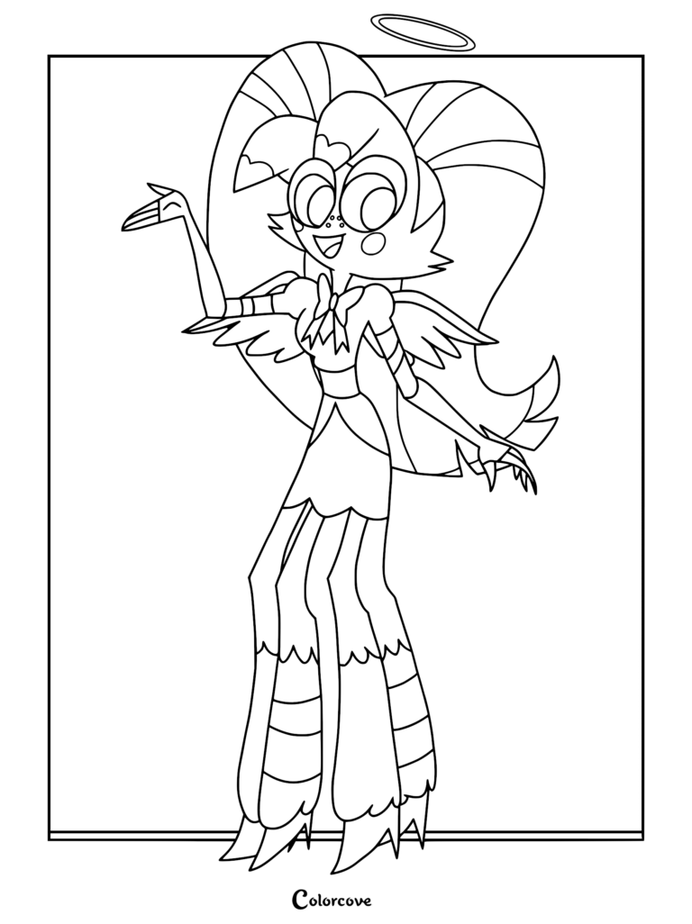 Emily from Hazbin Hotel with a halo and long hair in a printable coloring page format.