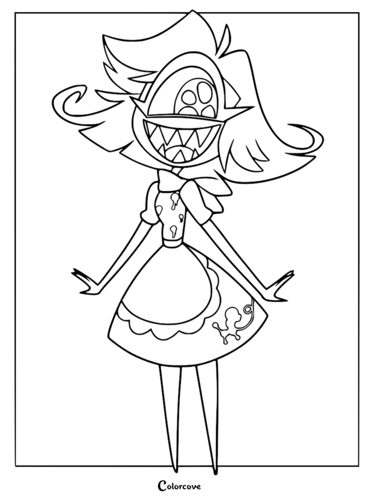 Niffty from Hazbin Hotel standing in her maid outfit with a wide grin, featured as a printable coloring page.