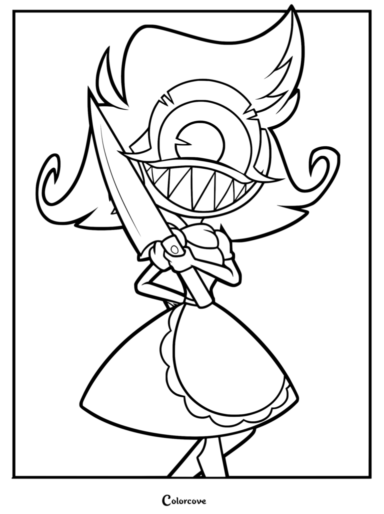 Niffty from Hazbin Hotel holding a large kitchen knife in this printable coloring page.
