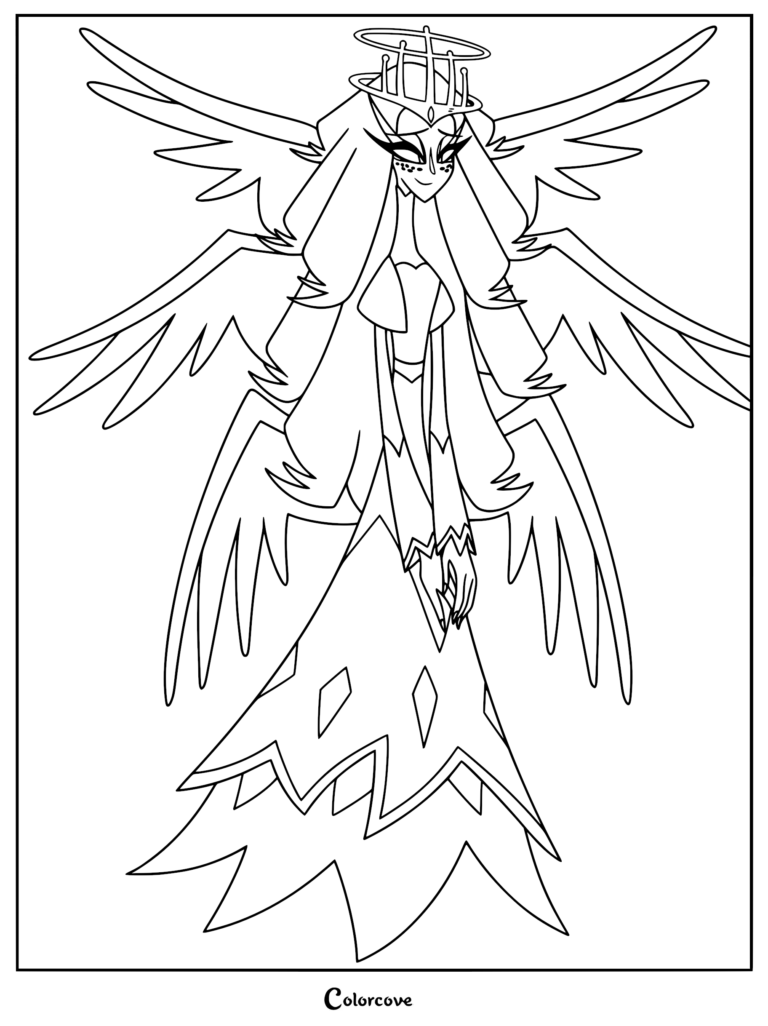 Sera from Hazbin Hotel with long hair, multiple wings, and a halo crown in this printable coloring page.