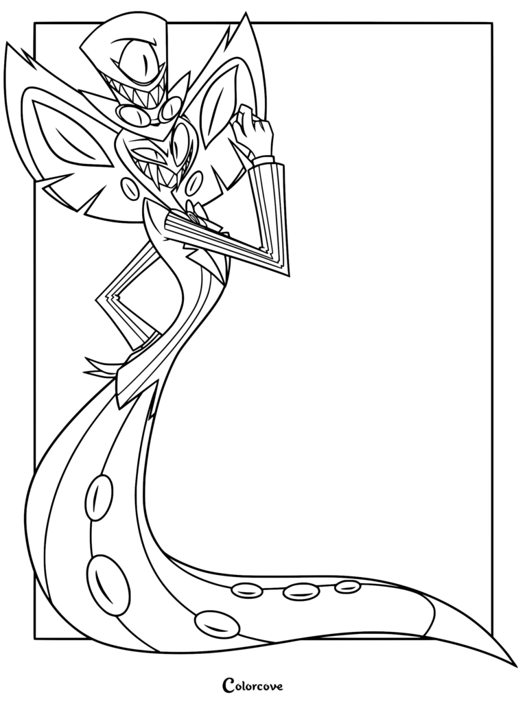 Sir Pentious from Hazbin Hotel wearing his signature top hat and pinstripe suit in a printable coloring page format.