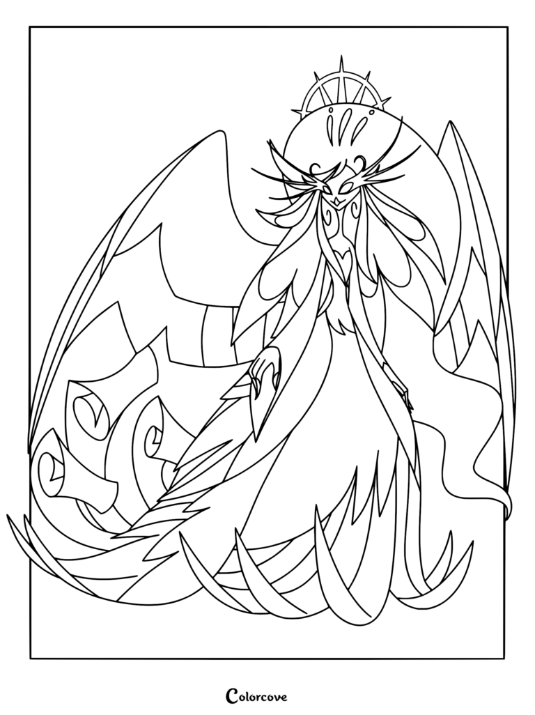 Sera from Hazbin Hotel standing with large wings and a halo in a detailed line art coloring page.