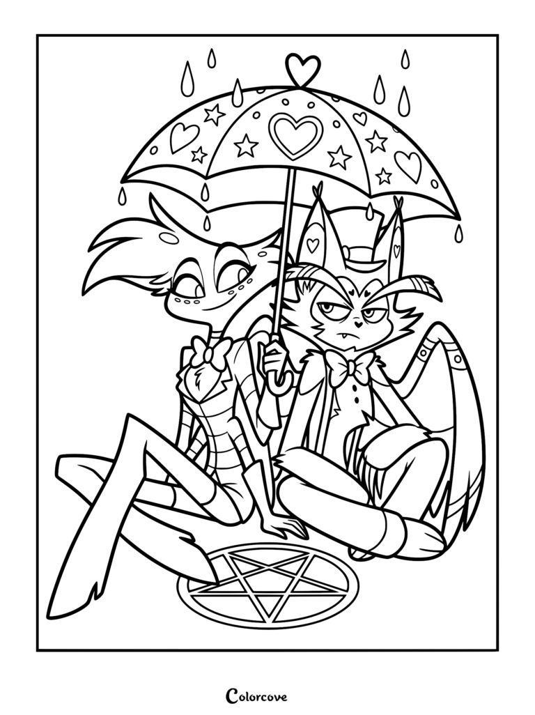 Angel Dust and Husk sitting together under a heart-patterned umbrella on a pentagram, featured in a Hazbin Hotel coloring page.