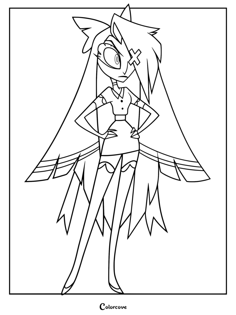 Vaggie from Hazbin Hotel standing with hands on hips, featuring her signature X-shaped eyepatch and long hair in a printable coloring page format.