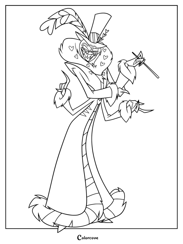 Valentino from Hazbin Hotel wearing a top hat with feathers and a fur-collared coat, holding a cigarette holder, presented as a printable coloring page.