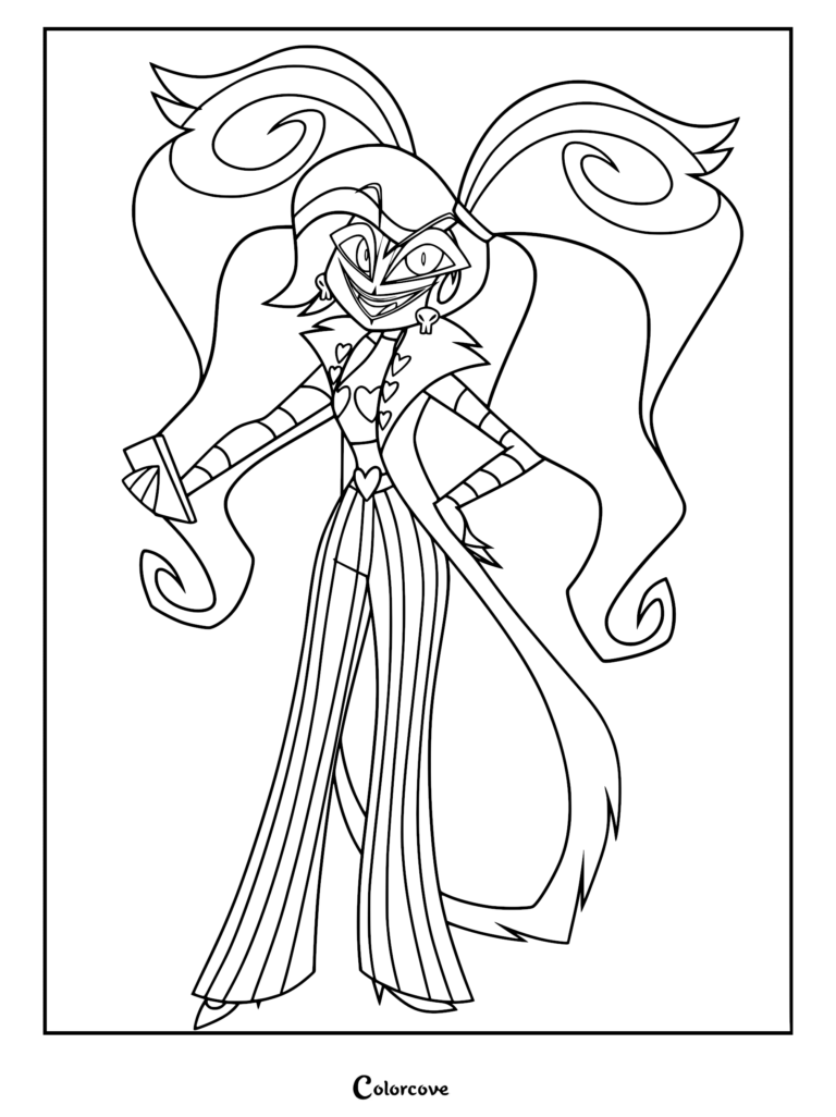 Velvette from Hazbin Hotel with high pigtails, striped pants, and a heart-patterned jacket in a printable coloring page.