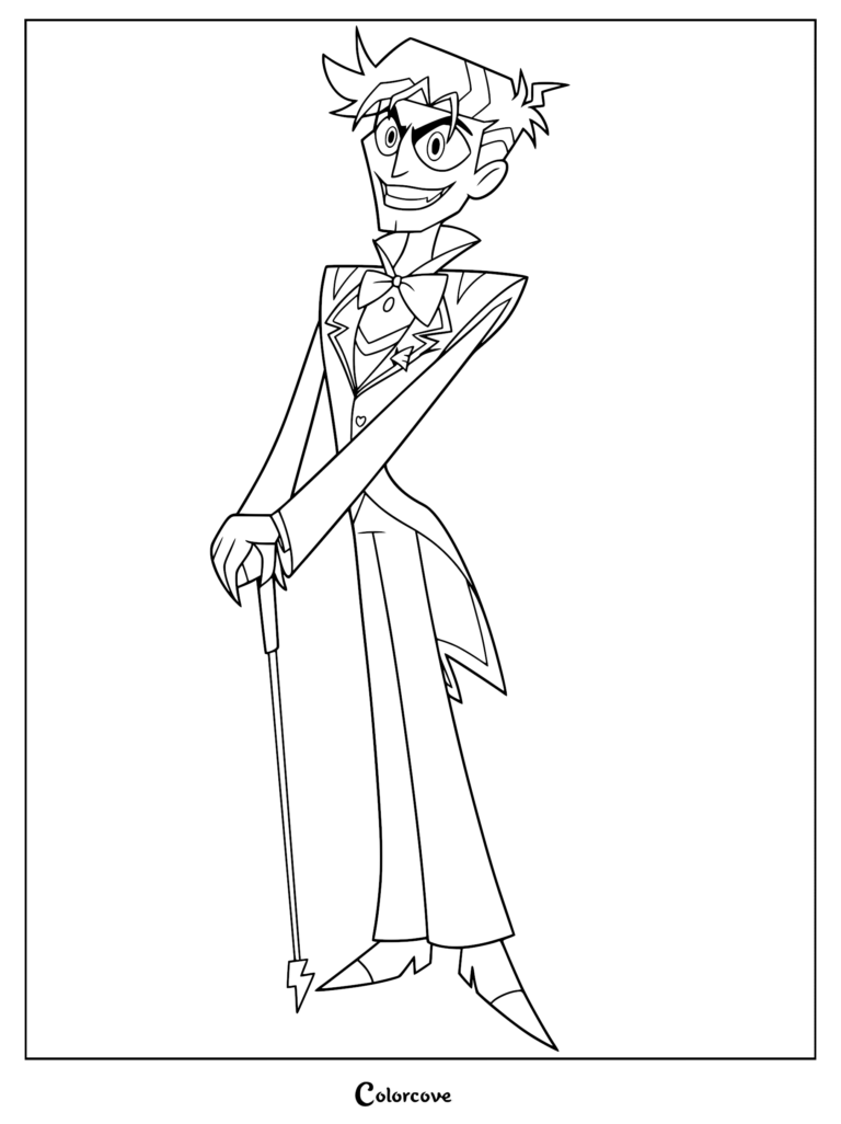 A printable coloring page featuring the human form of Vox from Hazbin Hotel, wearing a tuxedo with a bowtie and holding a lightning bolt cane.