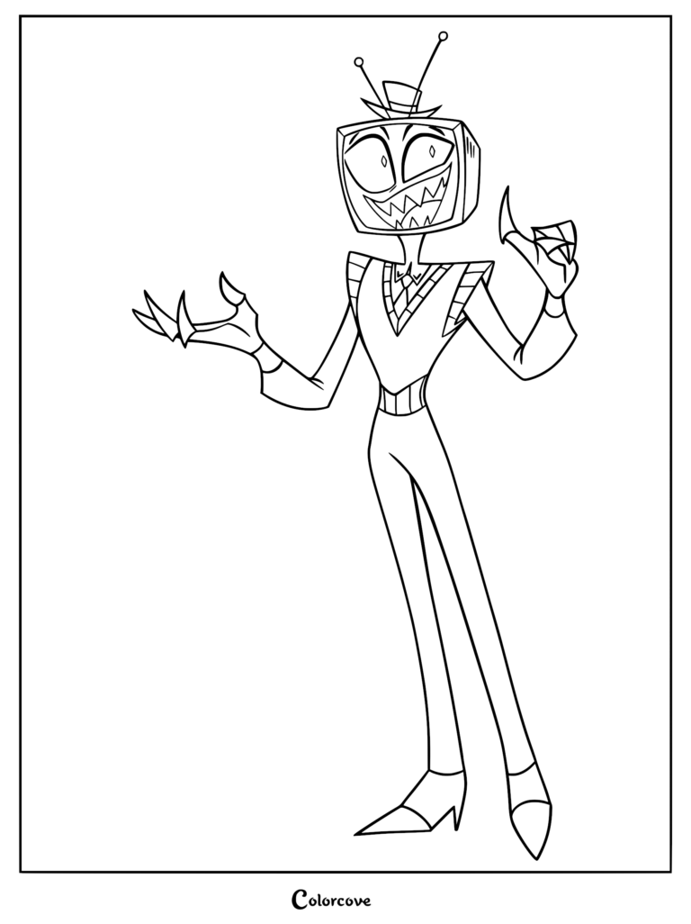 Vox from Hazbin Hotel with a television head and antennas, wearing a suit, standing in a confident pose, printable coloring page.