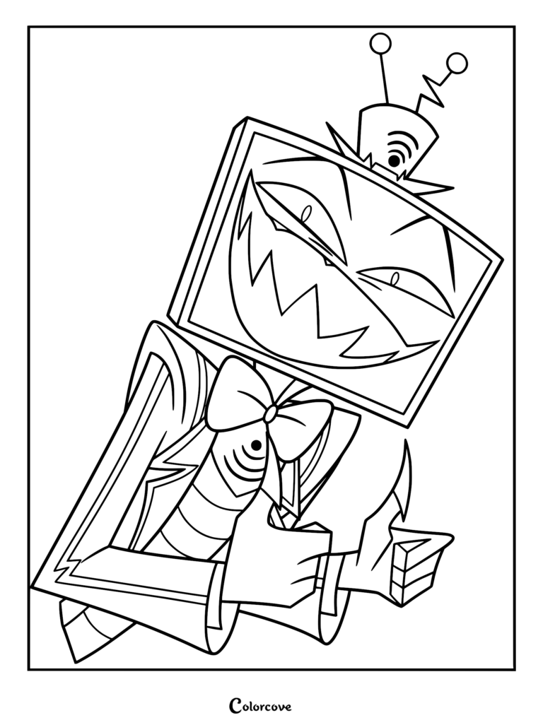Vox from Hazbin Hotel with a television head and bowtie, line art coloring page.