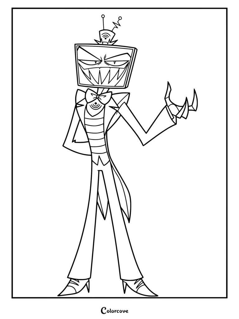 Vox from Hazbin Hotel standing in a suit with a television head, printable coloring page for fans.