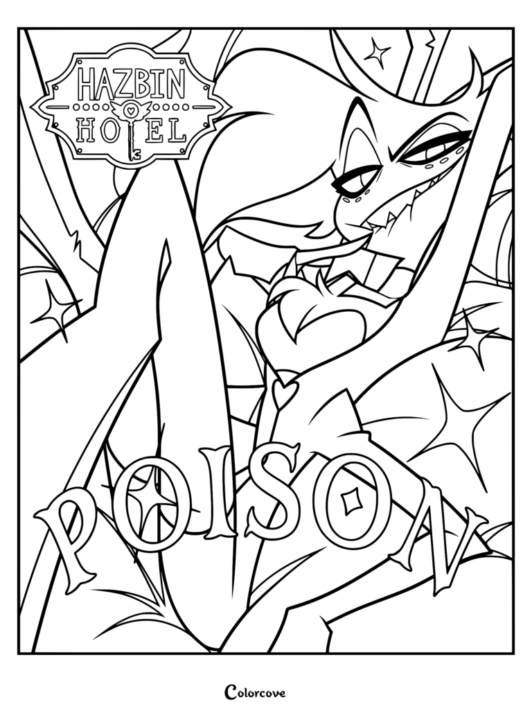 Angel Dust from Hazbin Hotel posing dramatically in a Poison themed coloring page with the Hazbin Hotel logo above.