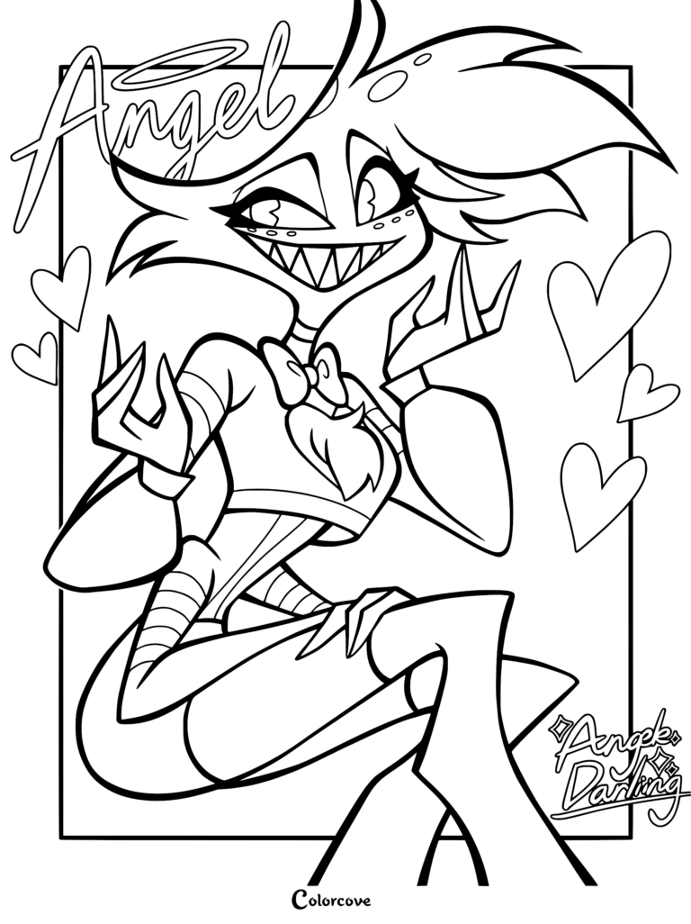 A detailed line art coloring page featuring Angel Dust from Hazbin Hotel, posing with a wide, toothy grin surrounded by floating hearts and stylized text.
