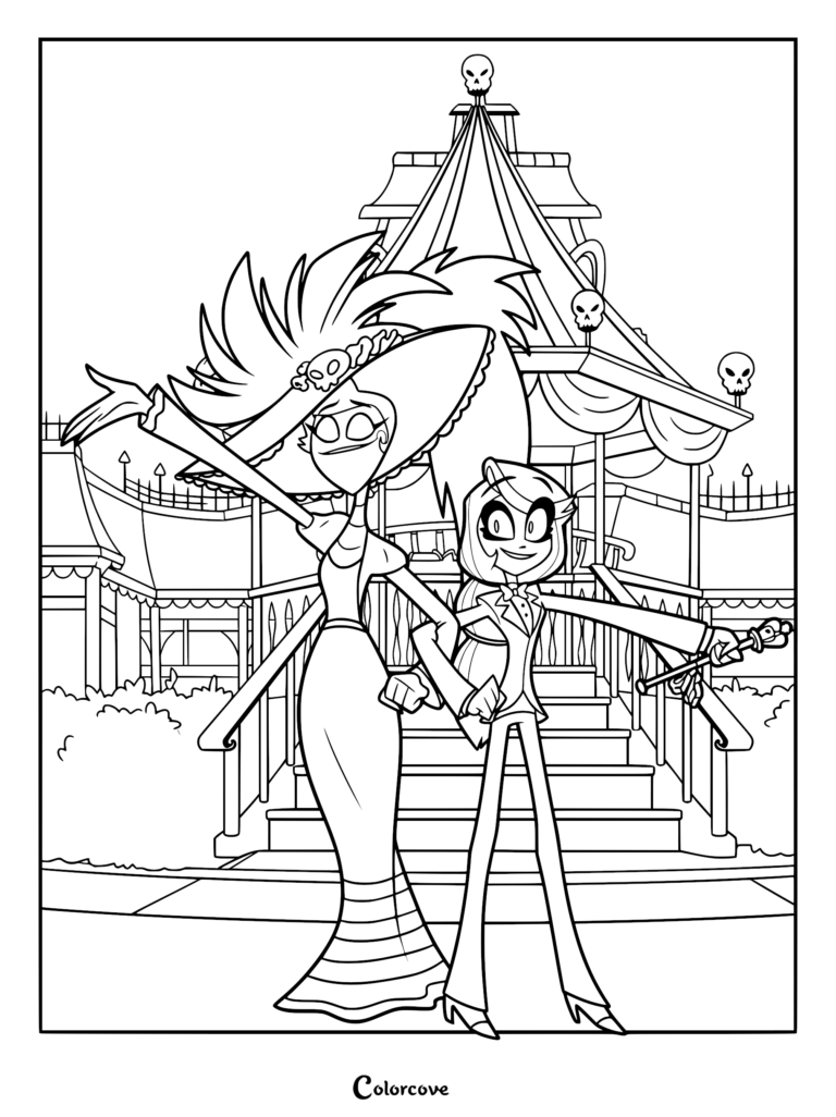 Charlie Morningstar and Rosie standing in front of a building in Cannibal Town, featured in a detailed Hazbin Hotel coloring page.