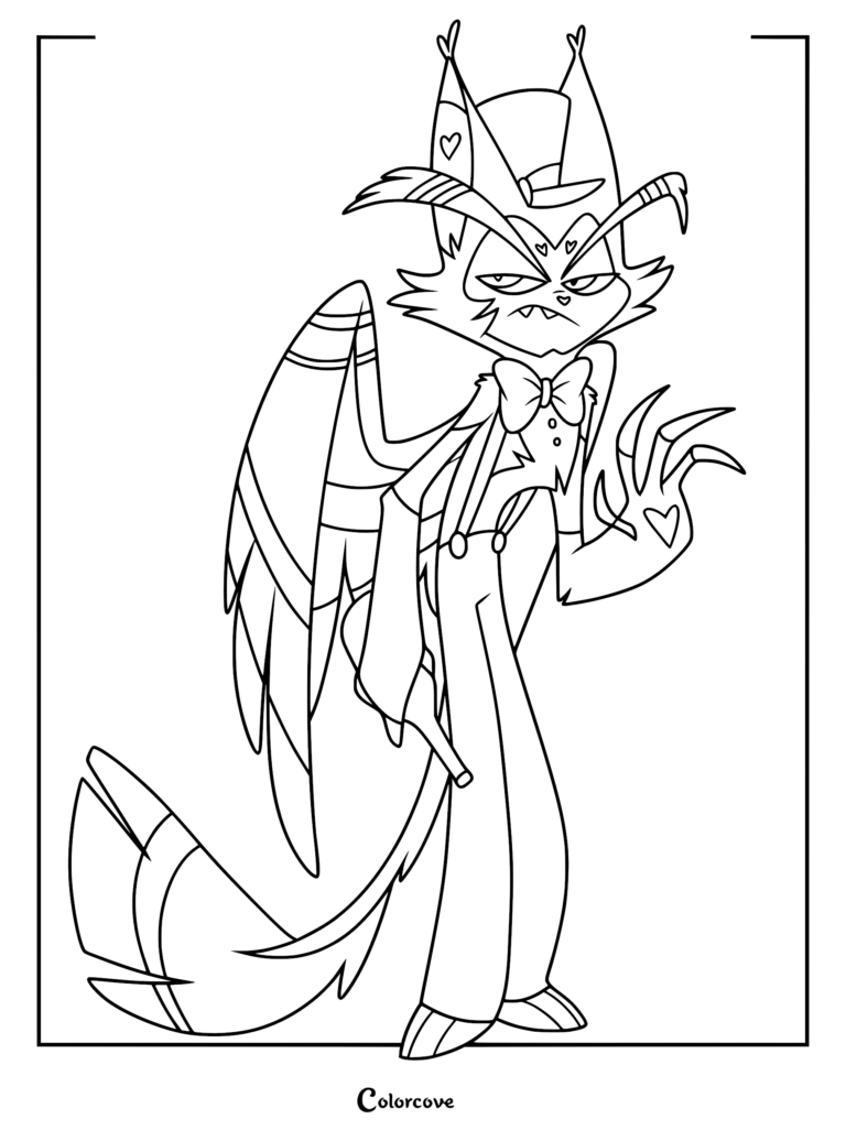 A printable coloring page featuring Husk, the grumpy bartender from Hazbin Hotel, standing with his wings partially spread and wearing his signature bowtie and top hat.