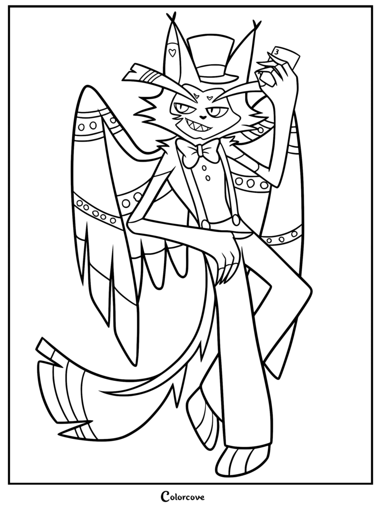 Husk from Hazbin Hotel holding a playing card, featured in a printable coloring page.