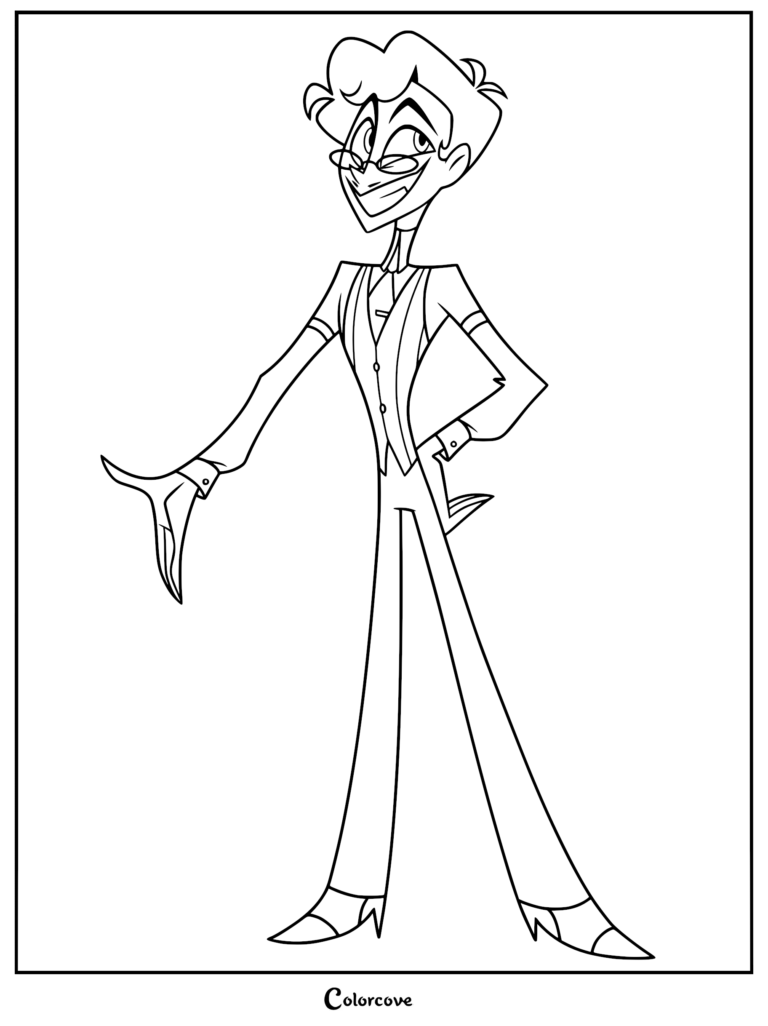 A printable coloring page featuring human Alastor from Hazbin Hotel, wearing a vest and glasses while gesturing with his hand.