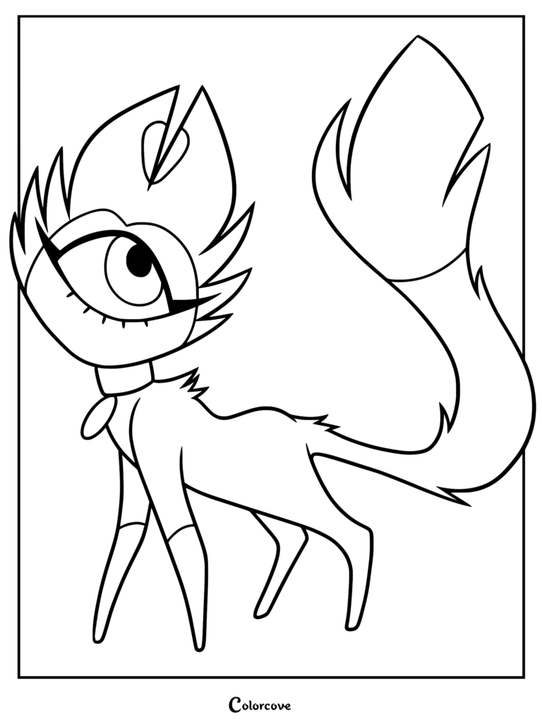 A printable coloring page featuring KeeKee, the magical cat and hotel key from Hazbin Hotel, standing in profile with her large eye and key-shaped tail.