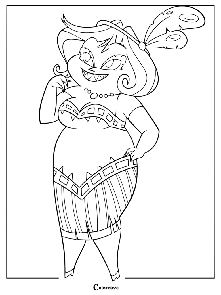 A printable coloring page featuring Mimzy, the flapper demon, wearing her signature feathered headpiece and 1920s-style outfit.