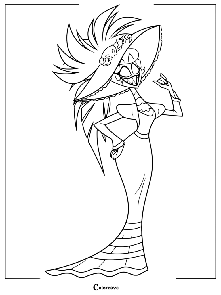 A detailed line art coloring page of Rosie from Hazbin Hotel, featuring her signature wide-brimmed hat with skull accents and elegant Victorian-style dress.