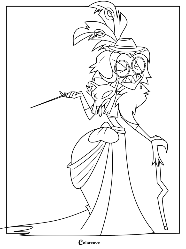 A printable coloring page of Susan from Hazbin Hotel, featuring her wearing a feathered hat, round glasses, and a fox stole while holding a walking cane.