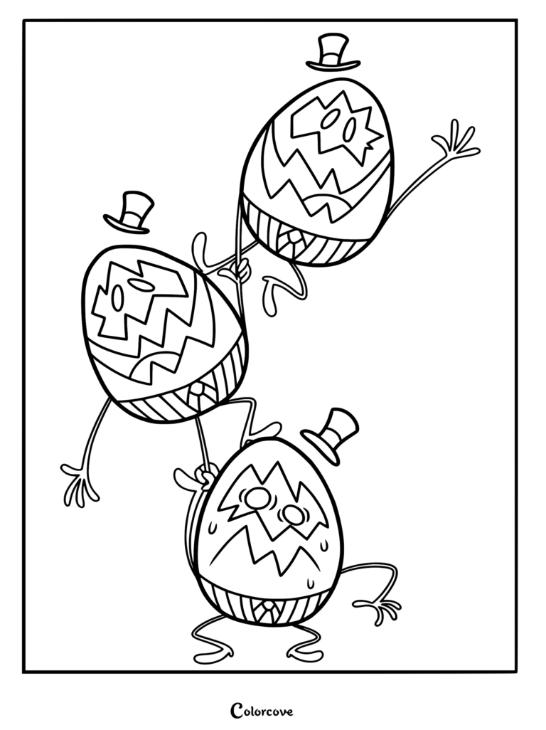 Three Egg Bois from Hazbin Hotel stacked on top of each other in a tower formation, wearing top hats and pinstripe suits, ready for coloring.