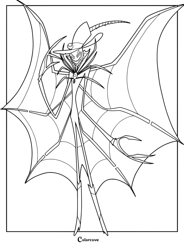 A detailed black and white line art coloring page of Zestial from Hazbin Hotel, featuring his tall, spider-like silhouette, wide-brimmed hat with a skull emblem, and expansive wing-like appendages.