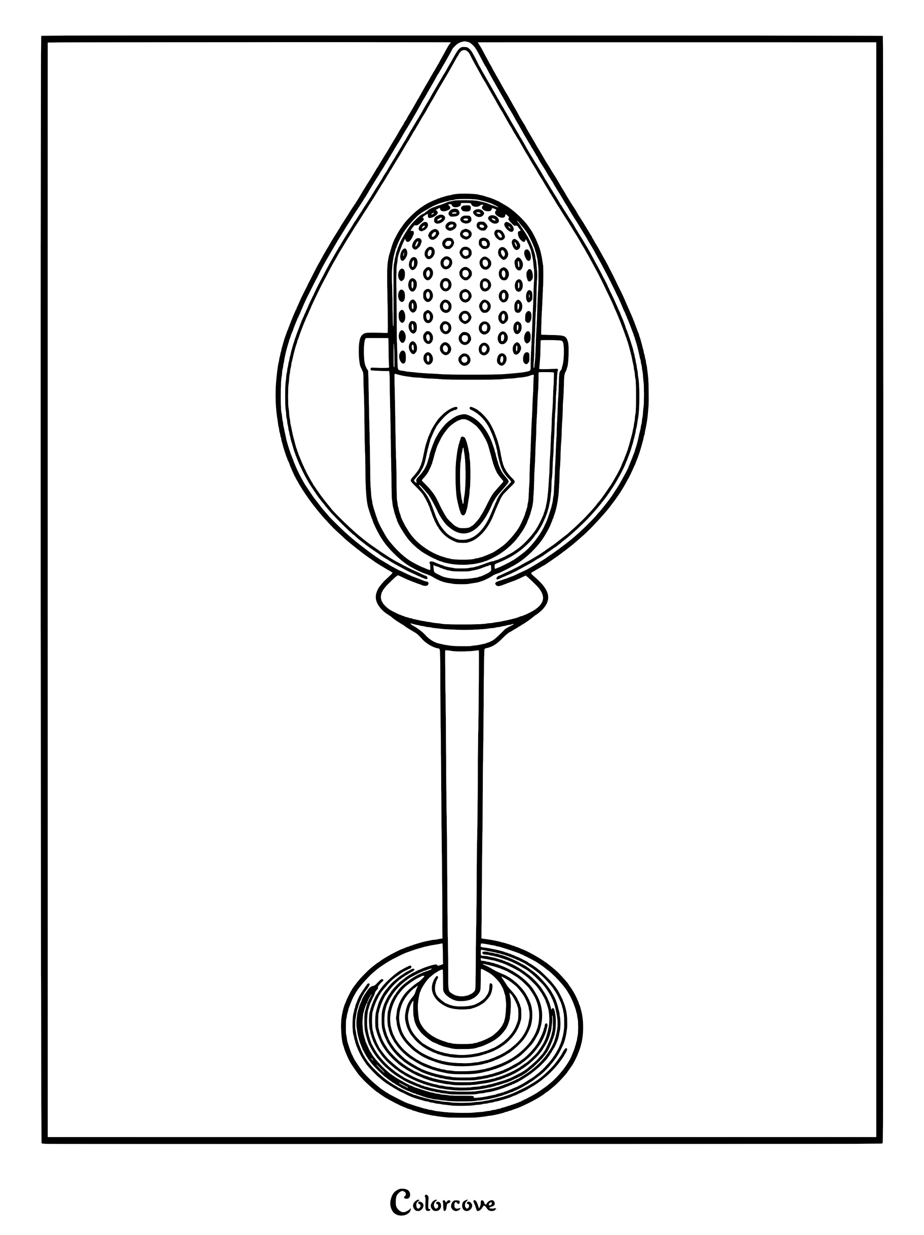 Una detallada página para colorear en blanco y negro del icónico micrófono de radio antiguo de Alastor de Hazbin Hotel, con su distintivo emblema en forma de ojo y su marco en forma de lágrima.