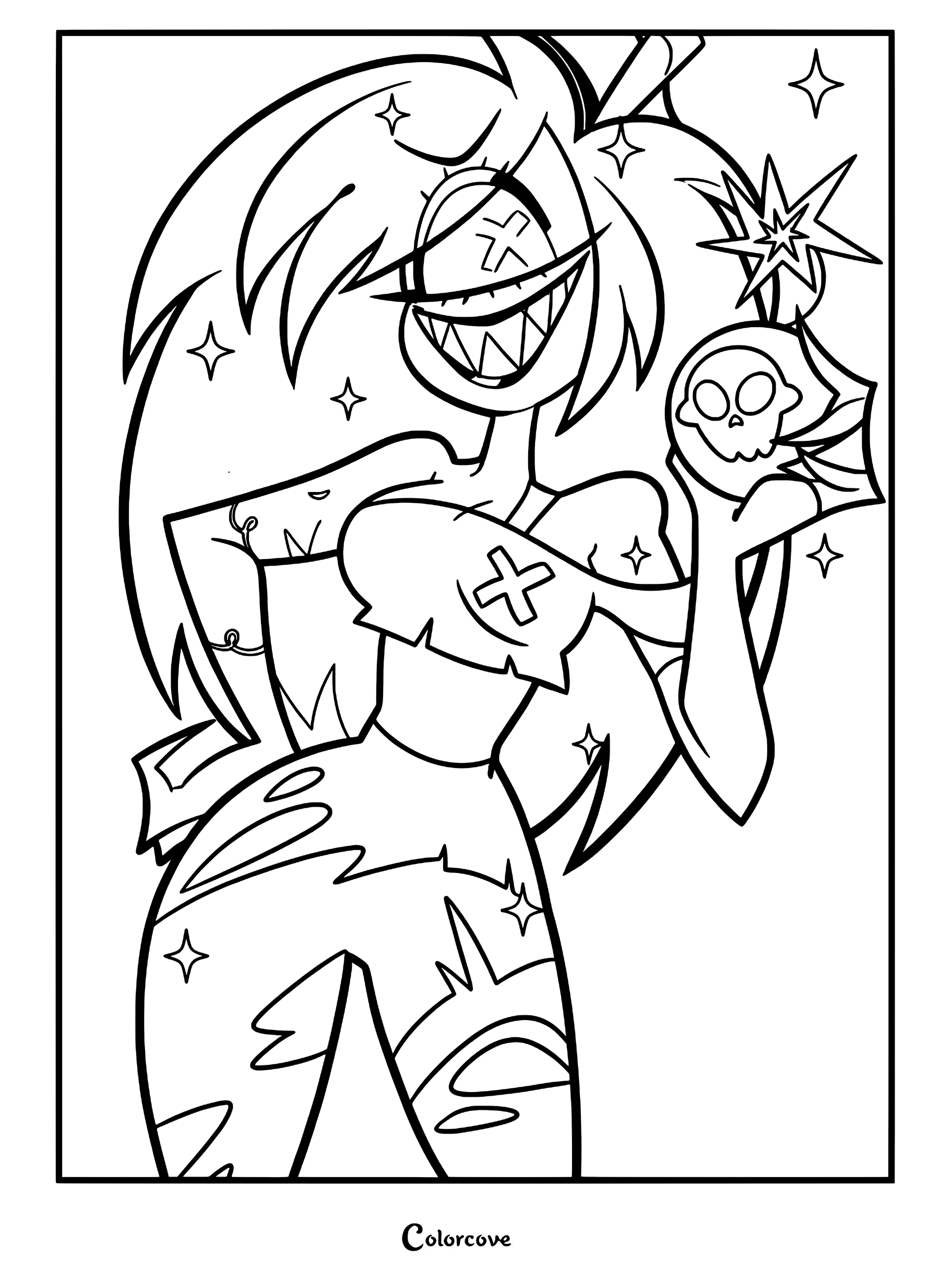Cherri Bomb sostiene una bomba con forma de calavera en esta página para colorear de Hazbin Hotel, donde se muestra su característico cabello despeinado y su parche en forma de X en el ojo.