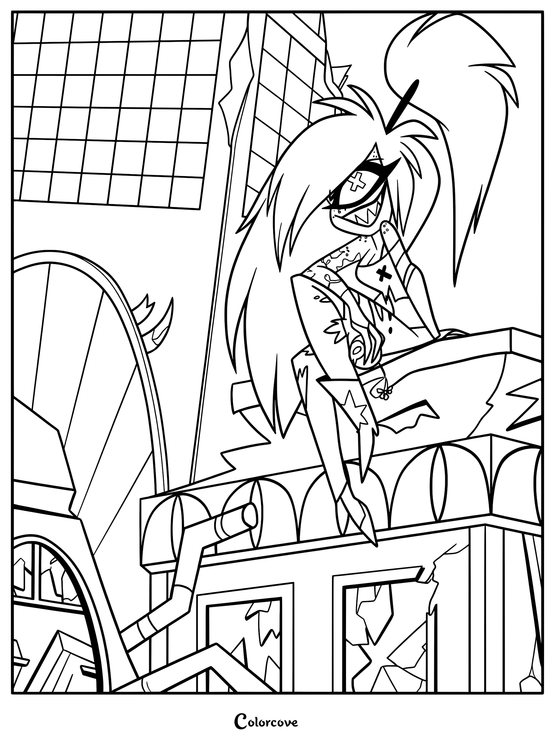 Cherri Bomb sentada sobre una estructura en el infierno, encarnando su papel de anarquista caótica y audaz en esta página para colorear imprimible.