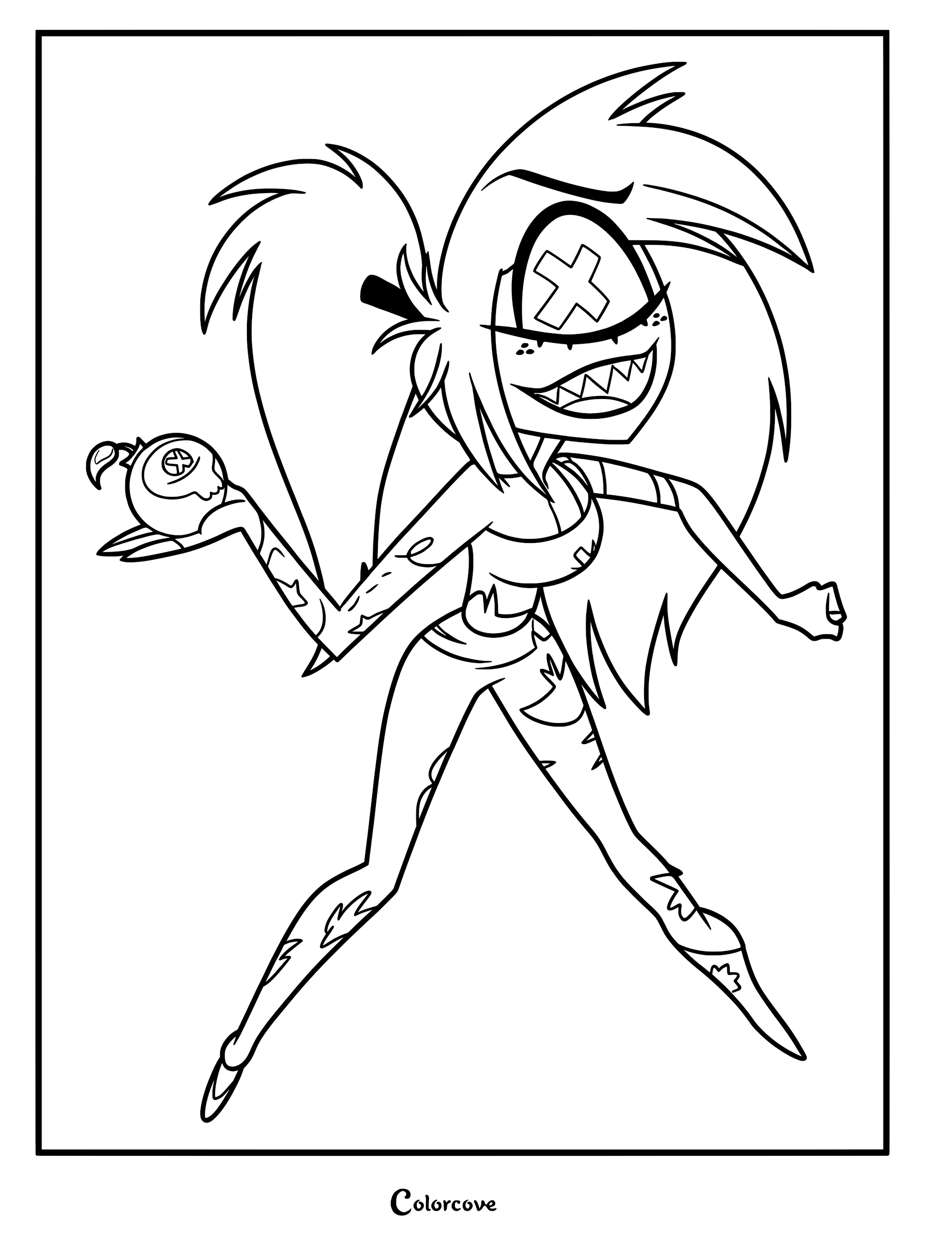 Cherri Bomb de Hazbin Hotel sosteniendo una pequeña bomba en su mano, página para colorear con dibujo lineal.