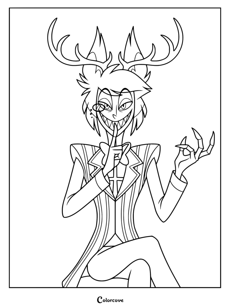 Alastor from Hazbin Hotel holding a finger to his lips in a shushing gesture, featuring his signature antlers, monocle, and pinstripe suit in a printable coloring page format.