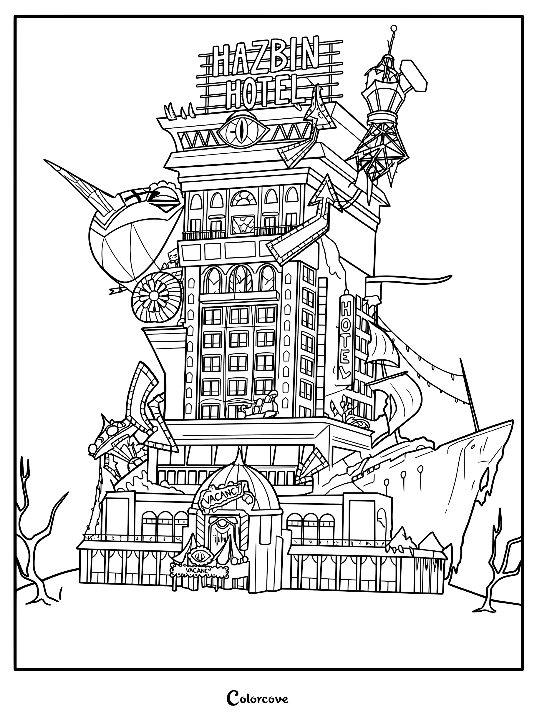 Una página para colorear con dibujos lineales detallados del Hotel Hazbin, que muestra su icónico letrero de neón, la luz de "Vacante" y la aeronave de Sir Pentious atracada a un lado.