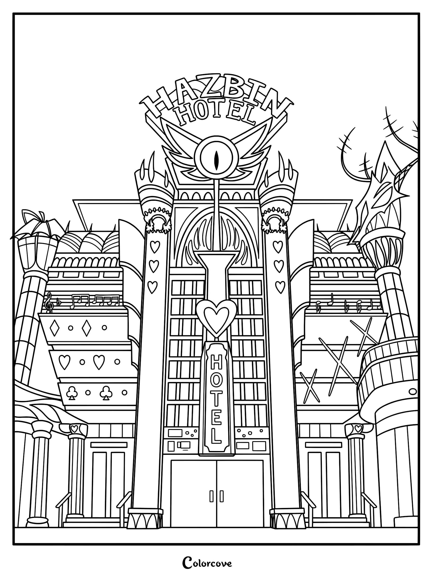 Una página para colorear con un dibujo lineal detallado del exterior del Hotel Hazbin, que incluye el icónico letrero en forma de ojo, motivos de corazones y decoraciones de notas musicales en la fachada.