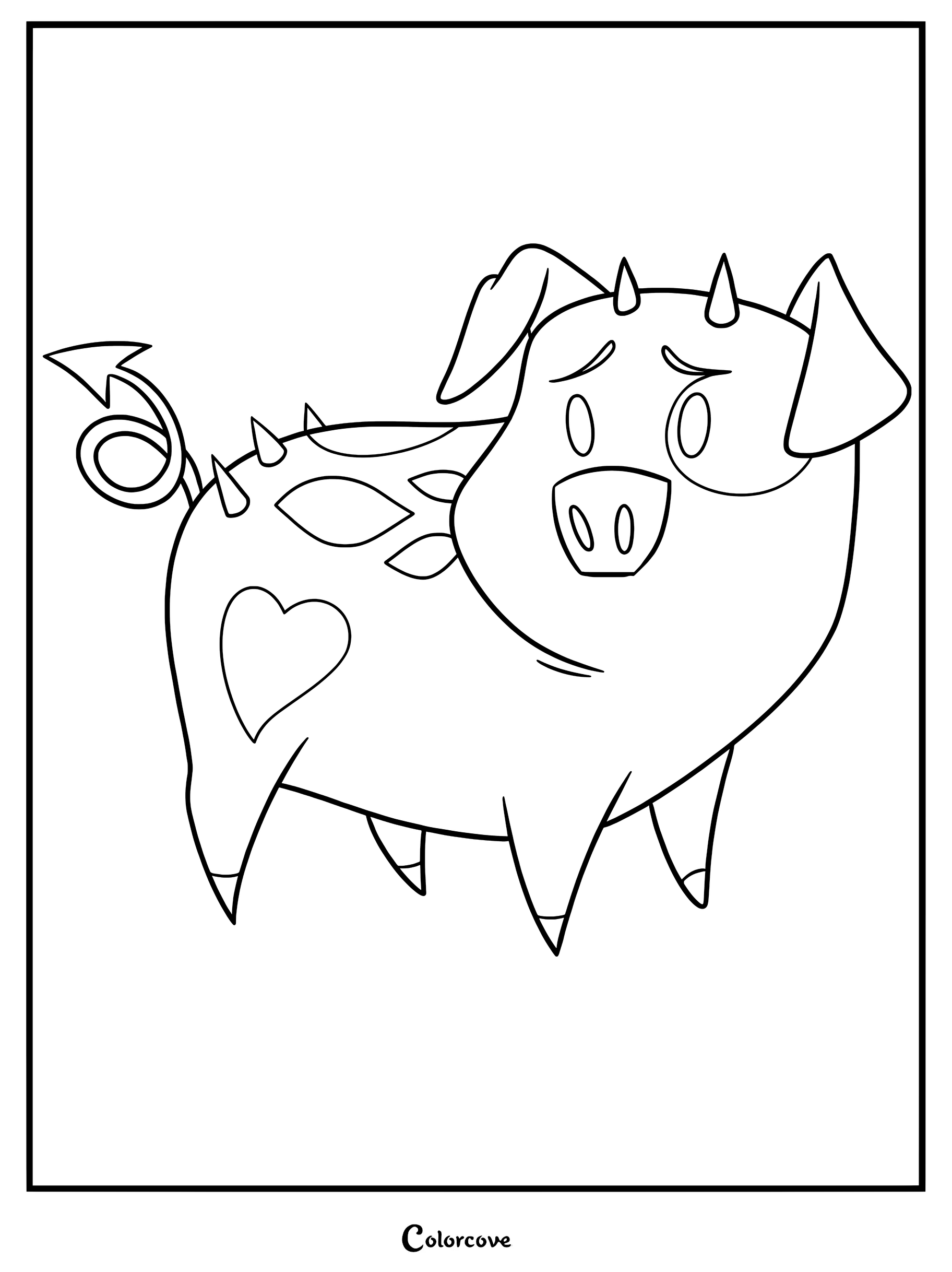 Una página para colorear imprimible con Fat Nuggets, el cerdo demoníaco de la serie Hazbin Hotel, con su característica mancha en forma de corazón y su cola puntiaguda.