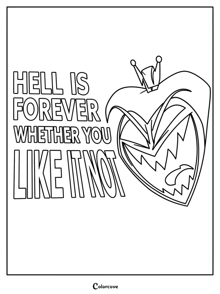 Adam from Hazbin Hotel singing Hell Is Forever with lyrics displayed on a printable coloring page.