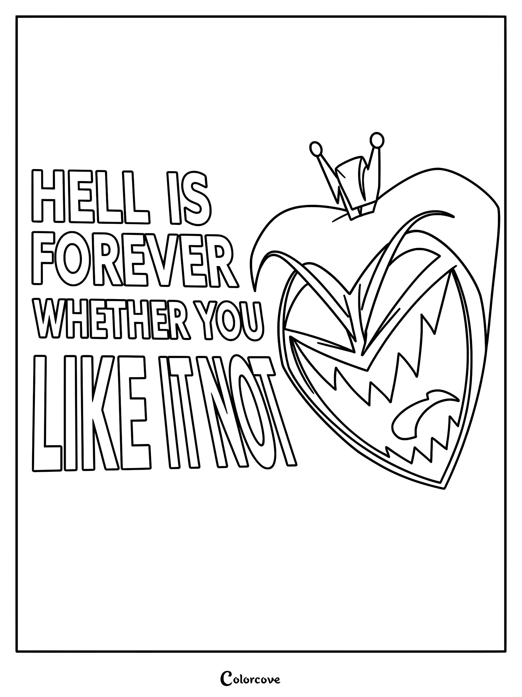 Adam de Hazbin Hotel cantando Hell Is Forever con la letra mostrada en una página para colorear imprimible.