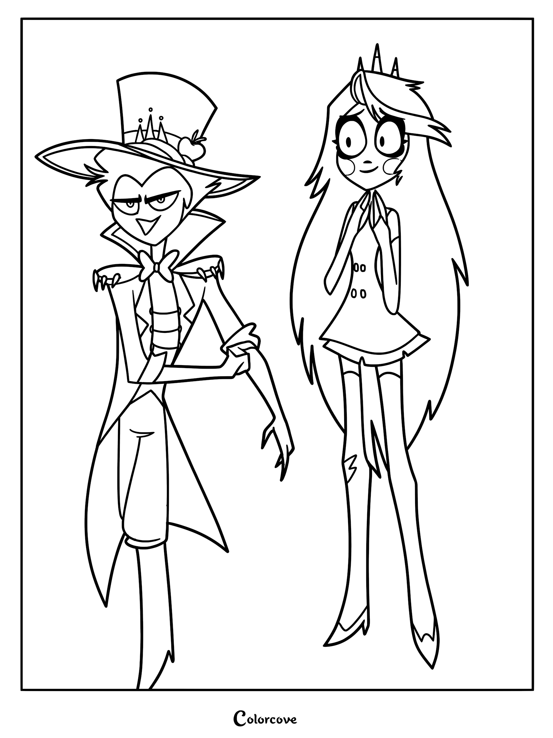 Una página para colorear en blanco y negro con dibujos lineales de Lucifer Morningstar, con su sombrero de copa y abrigo, de pie junto a su hija Charlie Morningstar, de la serie Hazbin Hotel.
