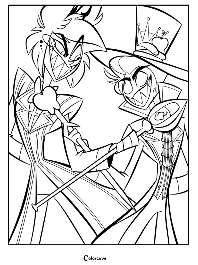 A printable coloring page featuring Alastor and Lucifer from Hazbin Hotel standing together and holding their respective staffs with wide, mischievous grins.