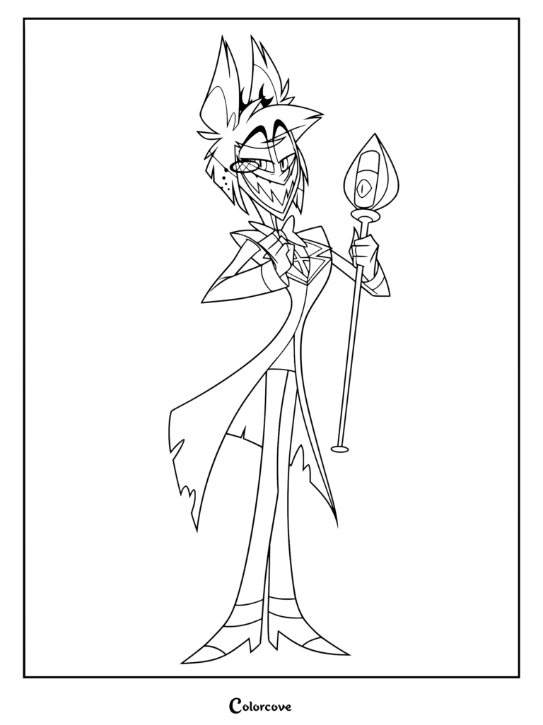 Alastor from Hazbin Hotel holding his microphone staff, detailed line art coloring page.
