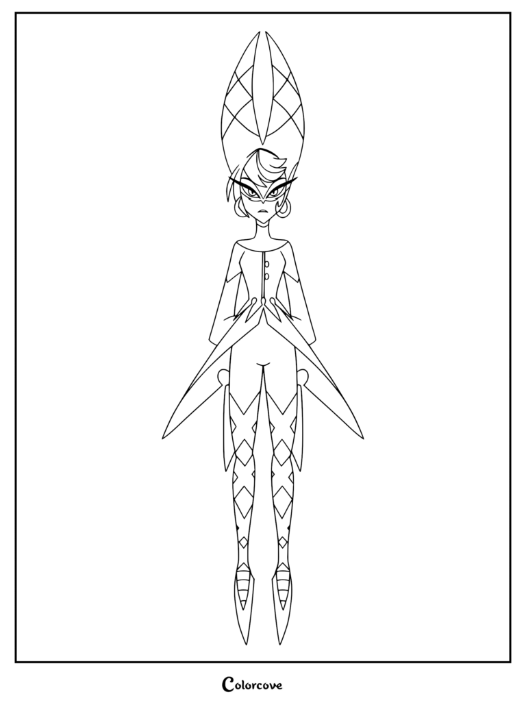 Carmilla Carmine from Hazbin Hotel standing in a formal pose, featuring her signature tall pointed hair, mask, and sharp outfit details in a printable coloring page format.