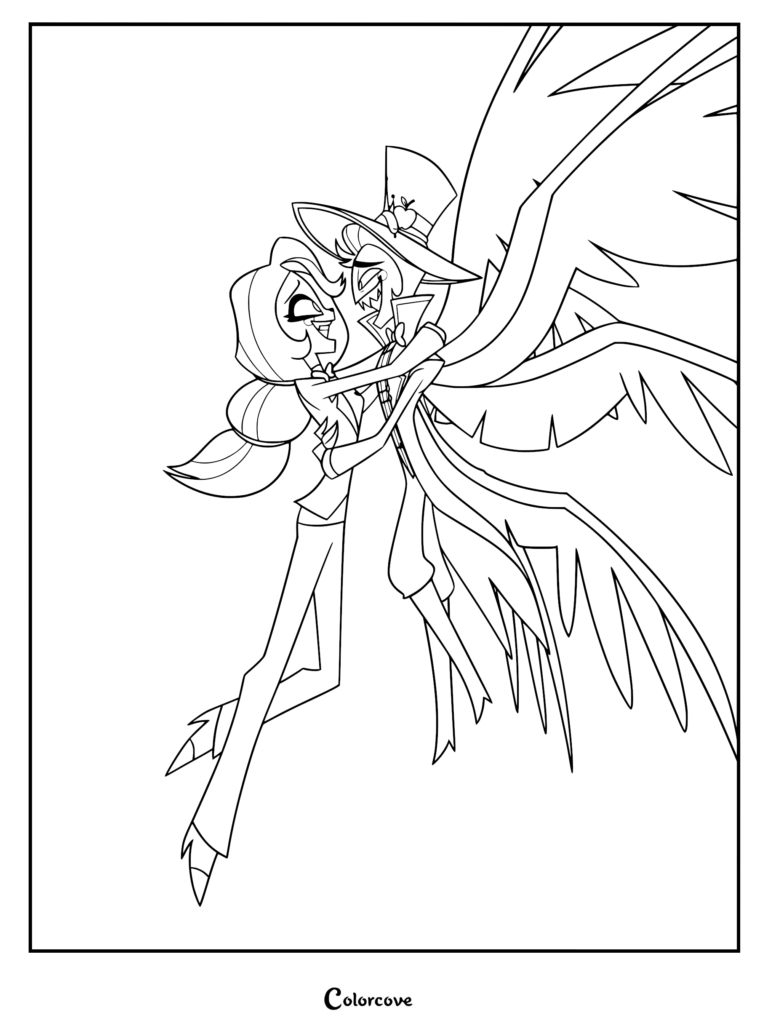 Charlie Morningstar and Lucifer Morningstar embracing with large wings in a Hazbin Hotel coloring page.