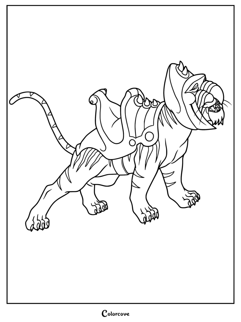 Battle Cat wearing his signature green armored saddle and helmet in a fierce stance, printable coloring page.
