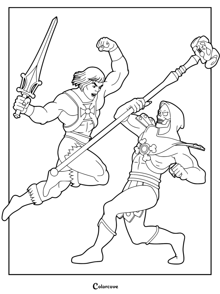 He-Man wielding the Power Sword leaping toward Skeletor who defends with his Havoc Staff in this action-packed coloring page.