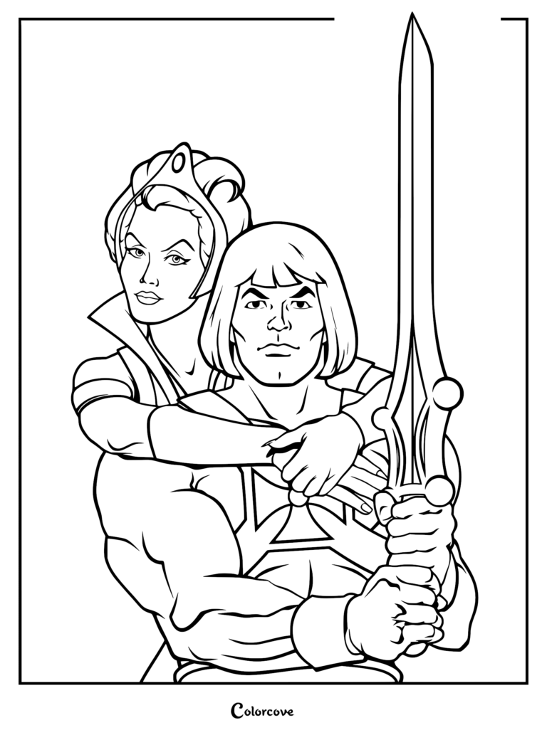 He-Man holding the Power Sword with Teela standing behind him in this printable coloring page.
