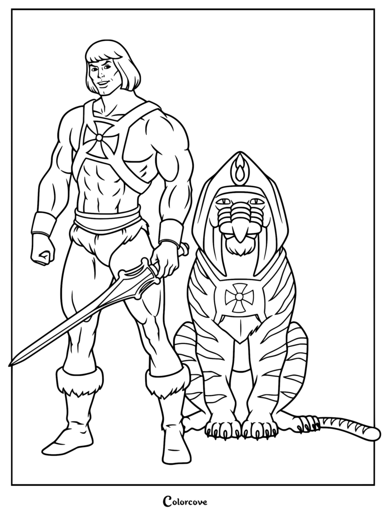 He-Man standing with his Power Sword beside a seated Battle Cat in this printable coloring page.